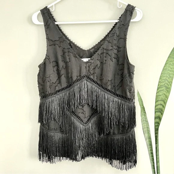 Anthropologie HD in Paris Tiered Fringe Sleeveless Blouse Black 4 - Picture 1 of 10